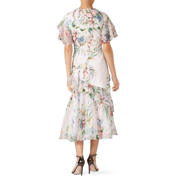 Theia Floral Ruffle Midi Dress Blush Pink Size 2 - Picture 4 of 6